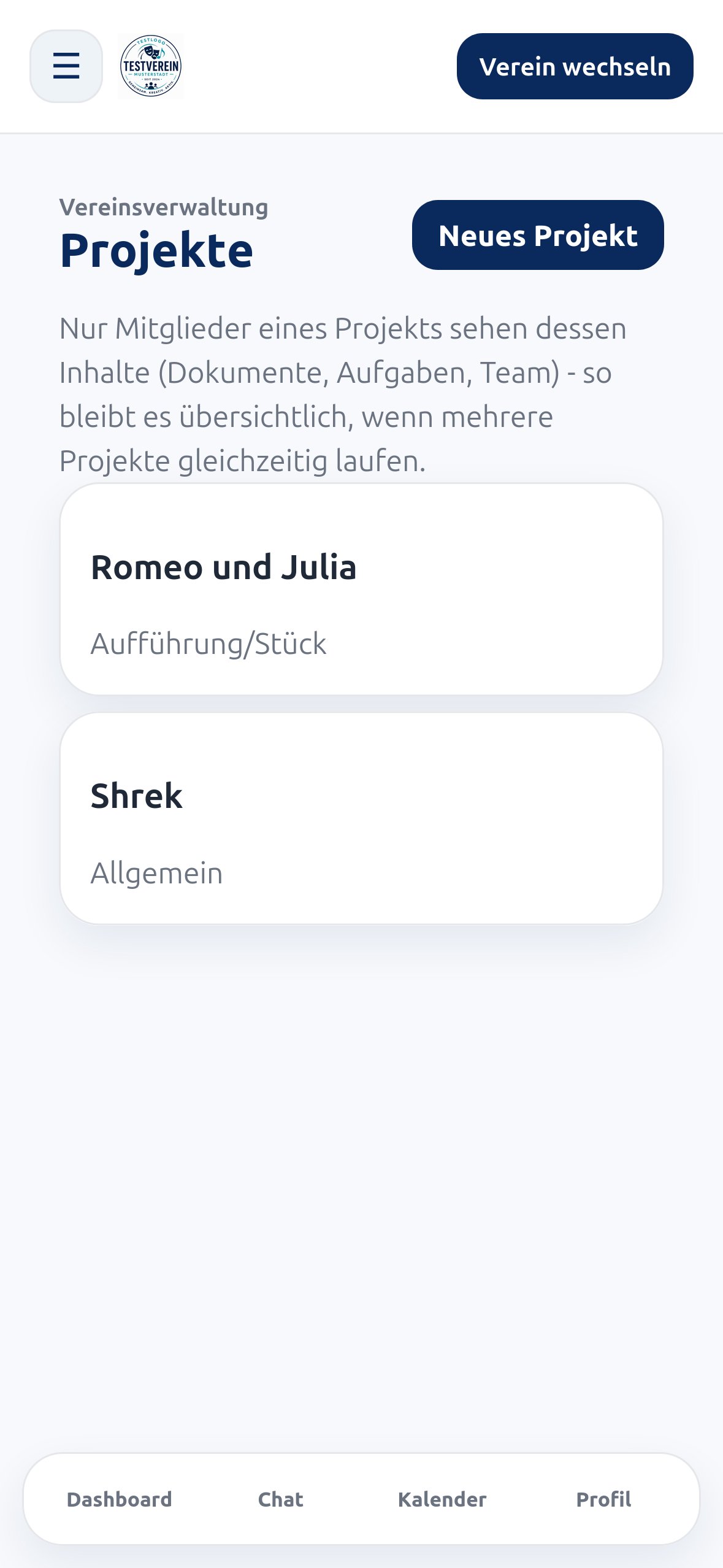 Projektübersicht in BackstageBase